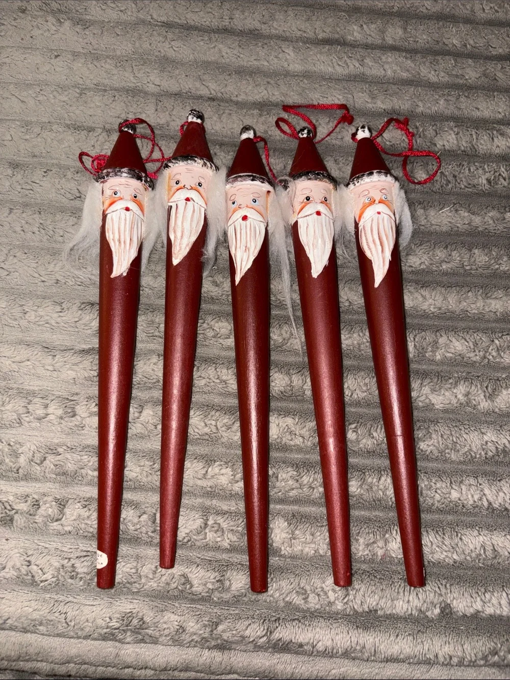 Vintage Set of 5 hand painted wooden icicle Santa Claus ornaments
